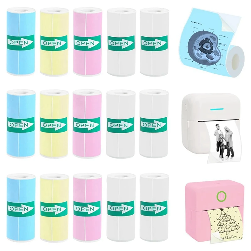 A23F-15 Rolls Thermal Sticker Paper For Mini Printer Sticker Maker, 9 Colored And 6 White Mini Printer Sticker Paper