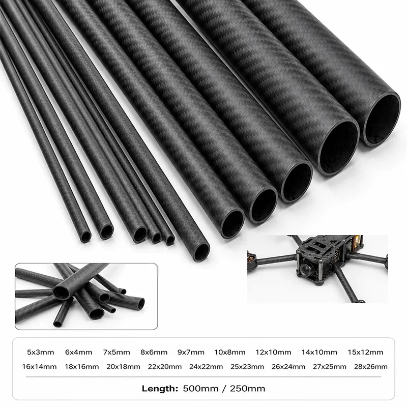 1PCS 3K Carbon Fiber Tube Twill Matte 250/500mm Diameter Remote Control Aircraft Model Accessories Length 250/500mm