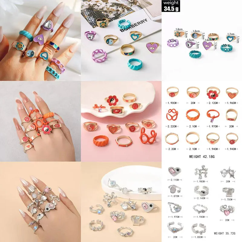 

Fashion Love Resin Flower Bagua Charm Set Ring Jewelry for Women Vintage Crystal Pearl Zircon Hollow Butterfly Ring for Party