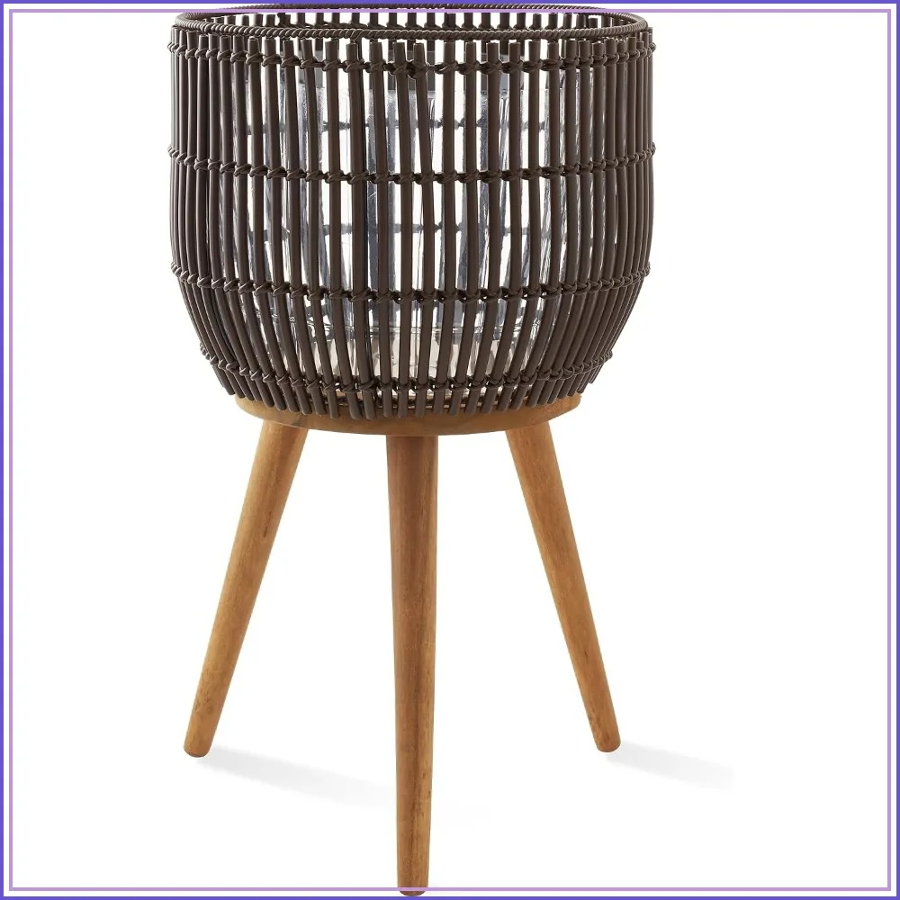 Woven Planter with Stand, Dark Brown Floor Plant Pot, Indoor Rattan Flower Pot Cover with Liner, 13x21in
