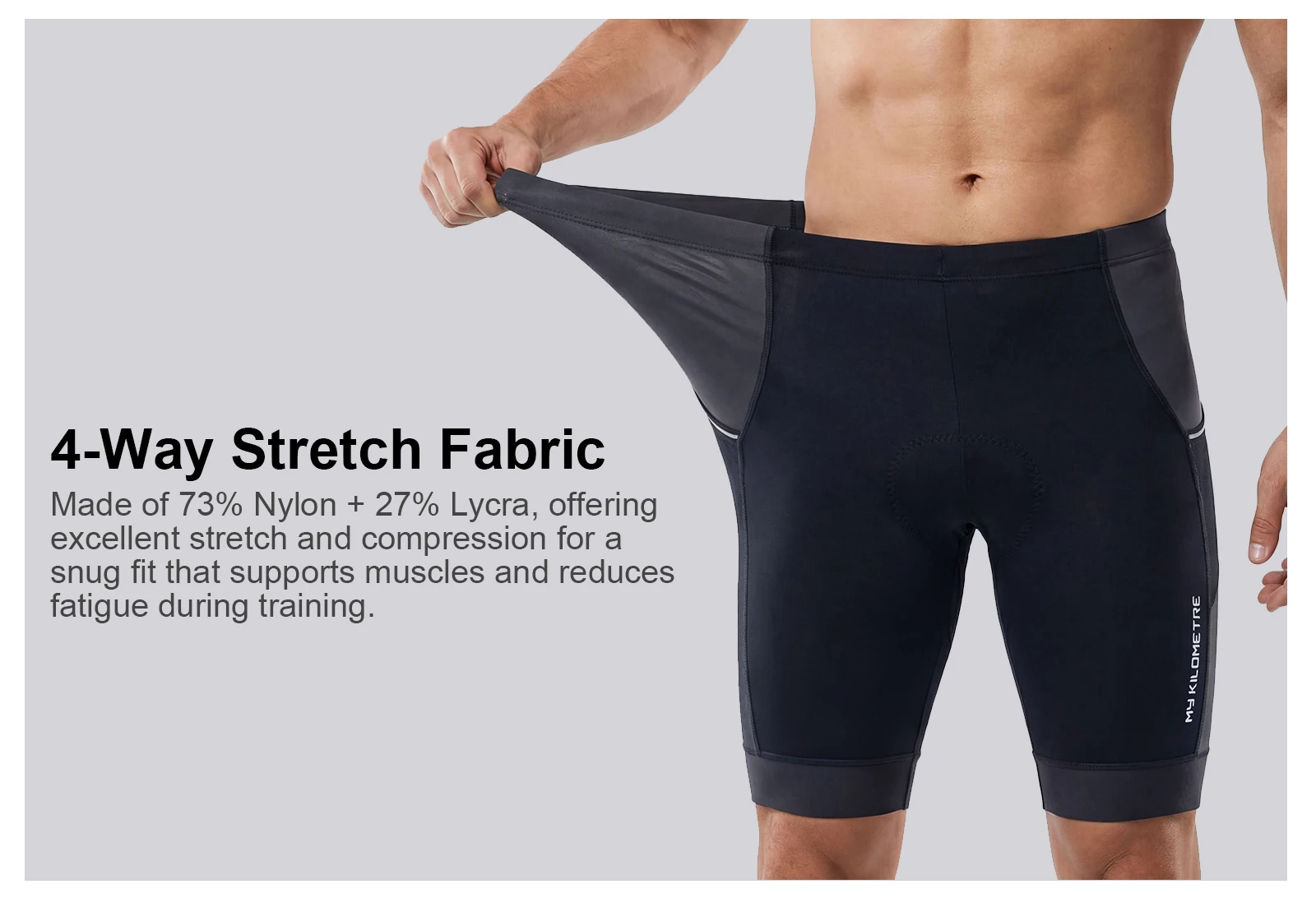3-in-1-Triathlon-Shorts für Herren, schnell trocknend, gepolstert, zum Radfahren, Laufen, Schwimmen, Tri-Shorts, atmungsaktiv, Kompression, Schwimmen, Radfahren, Laufen, MY KILOMETRE – Detail 4