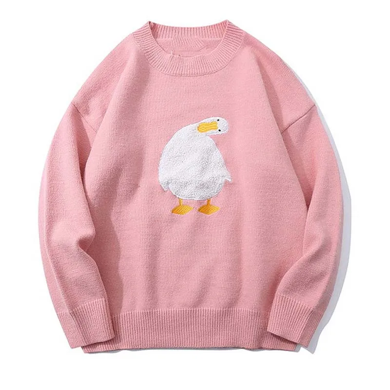 Hip Hop Oversized Sweater Men Retro Cartoon Duck Goose Embroidery Jumper Mens Harajuku Winter Knitted Pullover Streetwear Couple