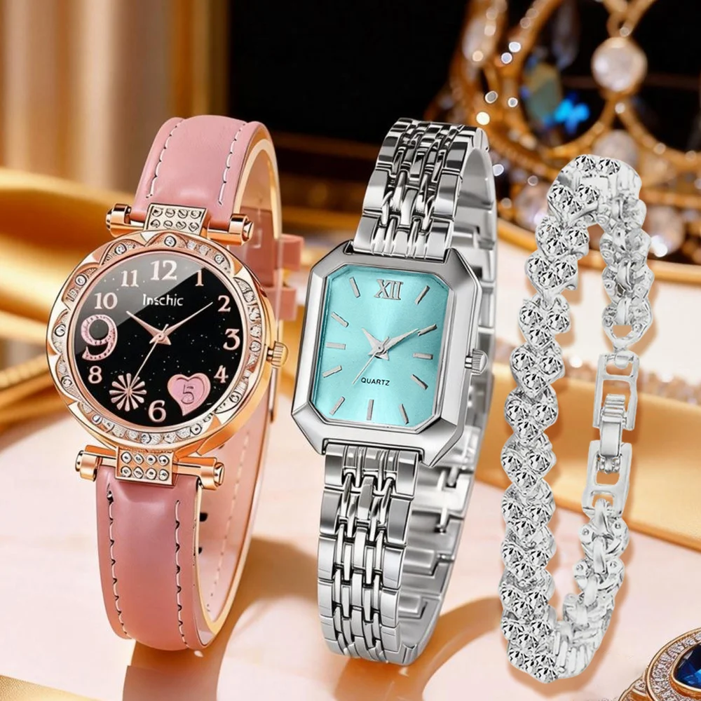 3pcs Luxury Women's Watch Set, Pink Women's Watch + Silvery Square Watch & Rhinestone Bracelet Set- Quartz Movement