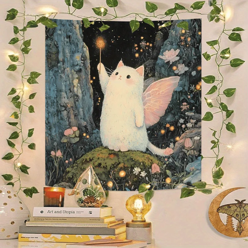 

1pc Fairy Cat Magical Forest Tapestry Kawaii Aesthetic Bedroom Wall Decor