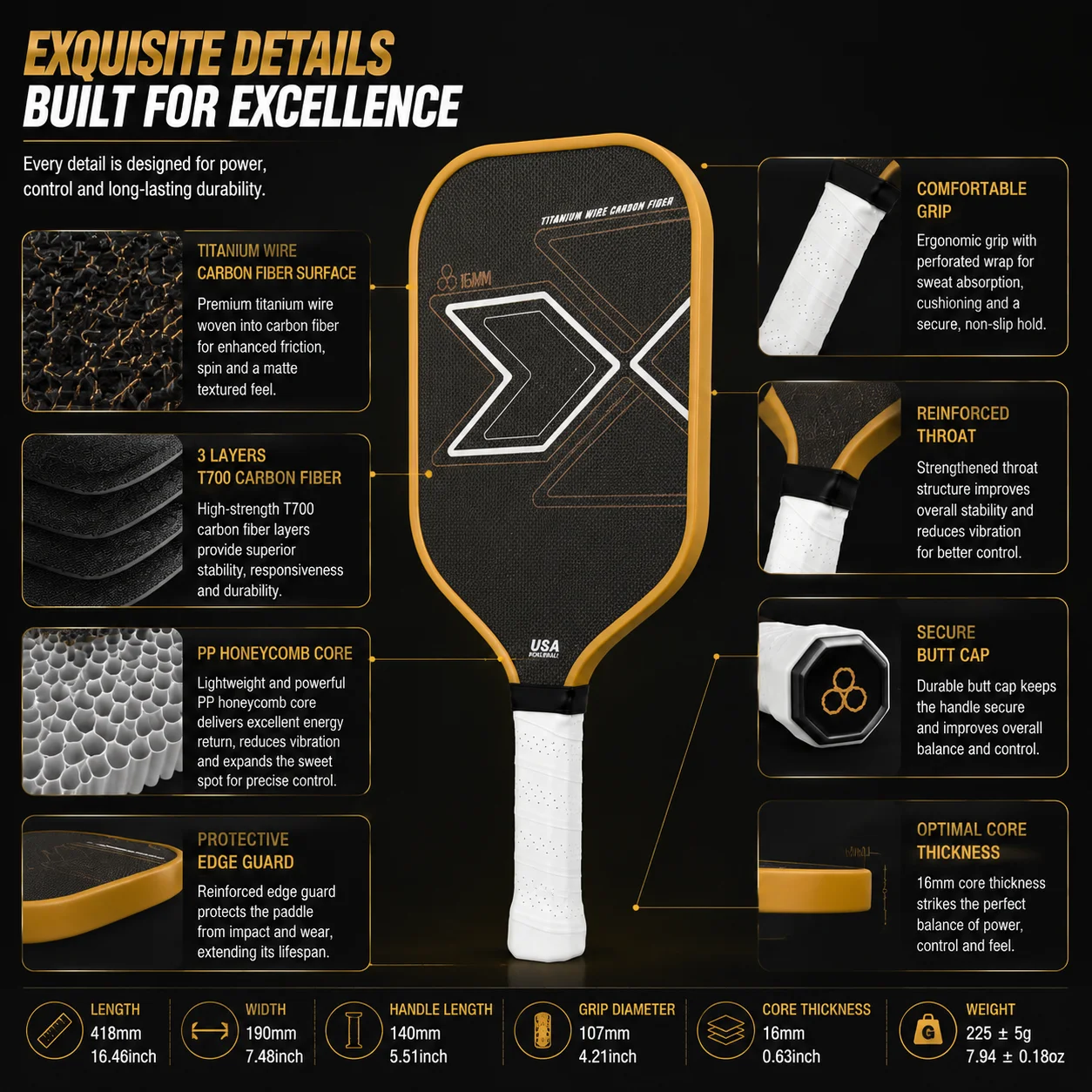 Titanium Gold T700 Carbonfaser-Pickleball-Schläger mit Stofftextur, Matter Oberfläche, Hoher Reibung, Großem Sweet Spot und Kraftvollem Schlag – Detail 5