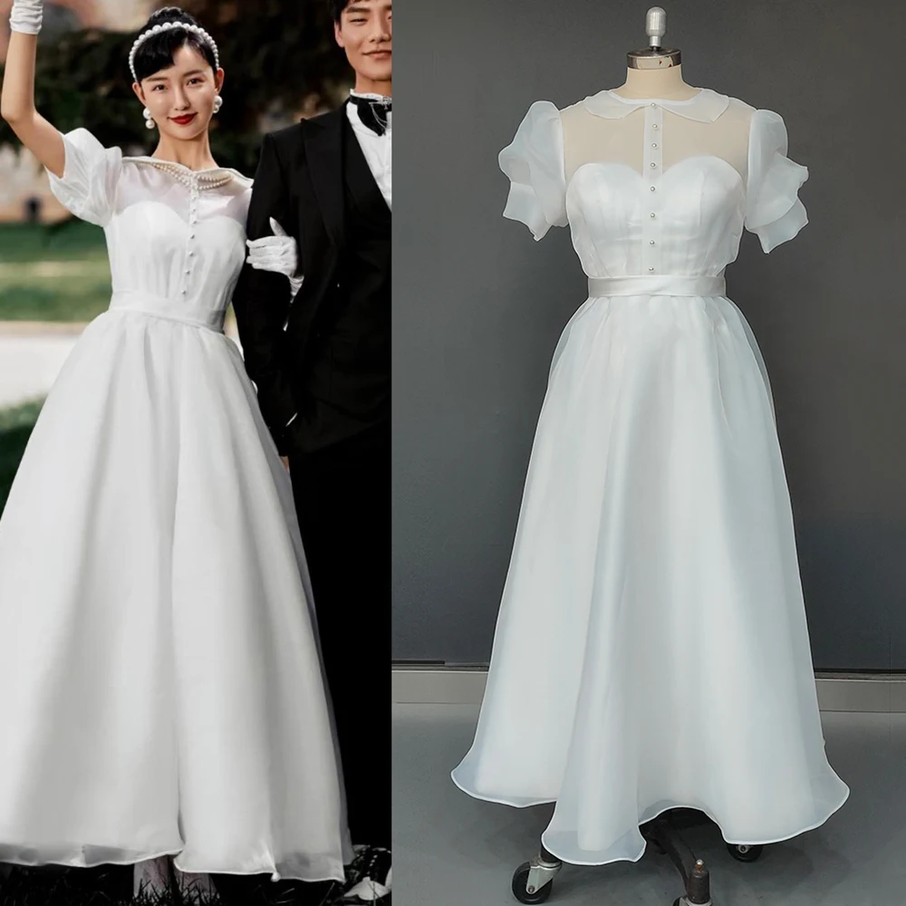 Organza Kurze Bischof Ärmeln Hochzeit Kleider Bodenlangen Maß Vintage Einfache Günstige Tasten Transparent Zurück Brautkleid