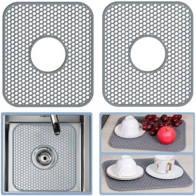 AT05-Silicone Sink Mat, 4 Pack Sink Protectors For Kitchen Sink With Center Drain, Folding Non-Slip Heat Resistant Sink Mat