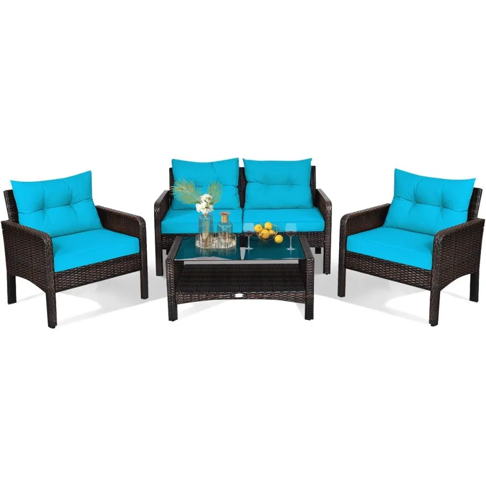 4-Piece Patio Furniture Set Outdoor Rattan Wicker Conversation Set with Coffee Table, Sectional Sofa Bistro Set with Cushions