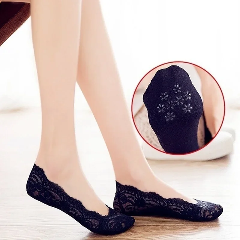 5pairs Women Cotton Sole Invisible Anti-slip Slippers Ankle Socks Lace Socks Women Summer Girls No Show Socks Non-slip