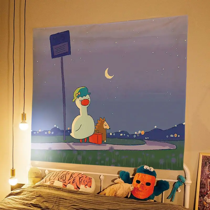 VIKAMA Night Station Sign Duckling Hedgehog Travel Tapestry, HD Wear-Resistant Fabric Wall Hanging for Living Room Decor