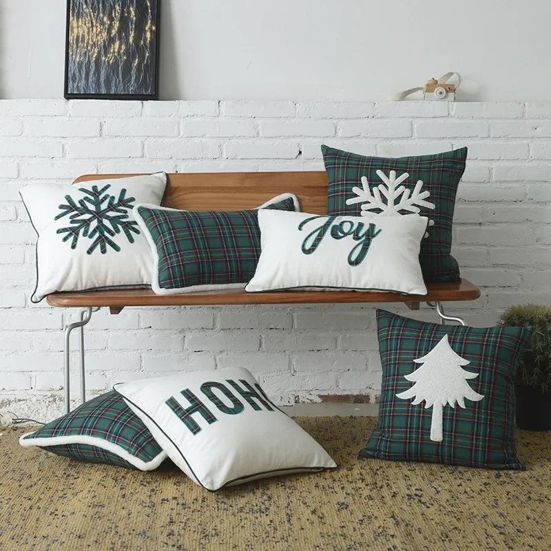 2024 Green Plaid Christmas Cushion Cover Cotton Canvas Letter Snowflake Embroidered Throw Pillow Cover Decorative Home Decor