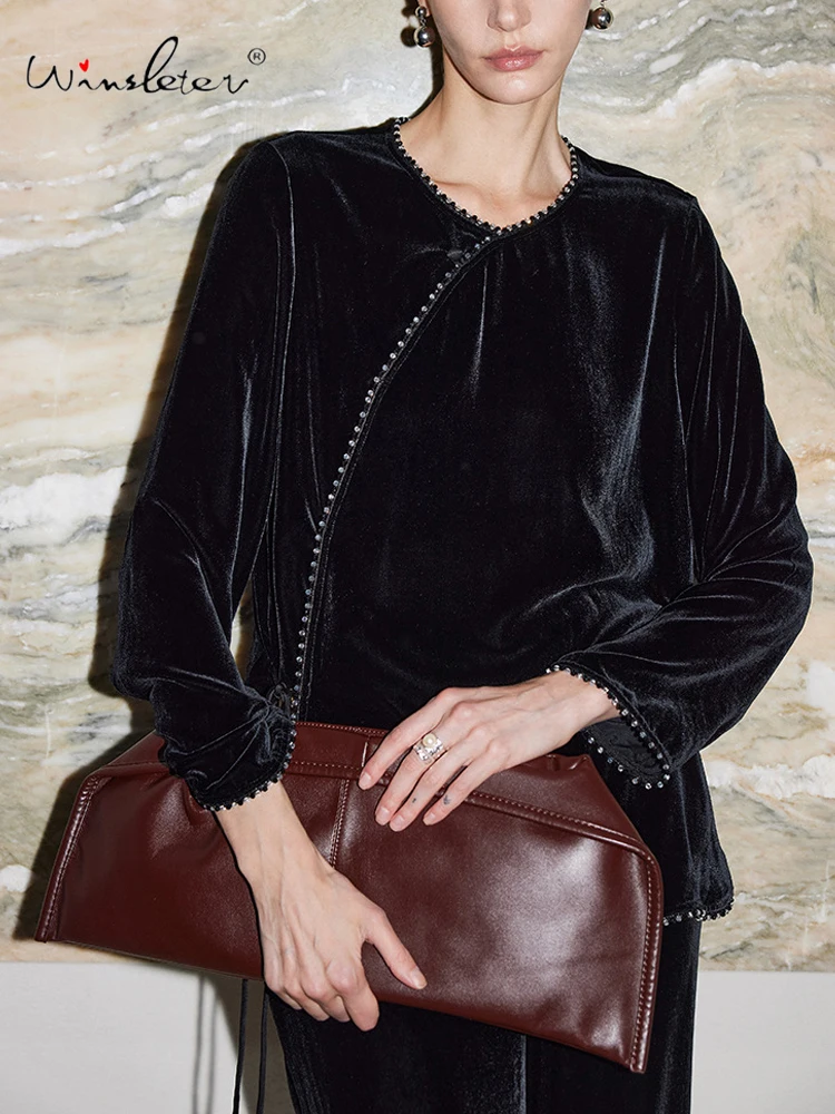 Winsleter-Bottom 100%Real Silk Elegant Velvet T-shirt, Long Sleeve Baeding, Woman Retro Commute Loose Top, 2026 Spring T61706CC
