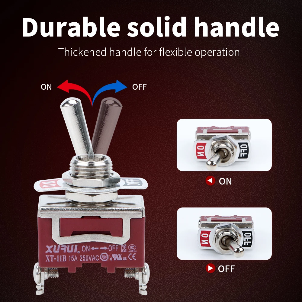 6 قطع، مفتاح تبديل XURUI، XT-11B مع مبيت PA66 غير قابل للكسر، حديد غير قابل للصدأ، 15A/250VAC، كوب مقاوم للماء مجاني، اتصالات فضية