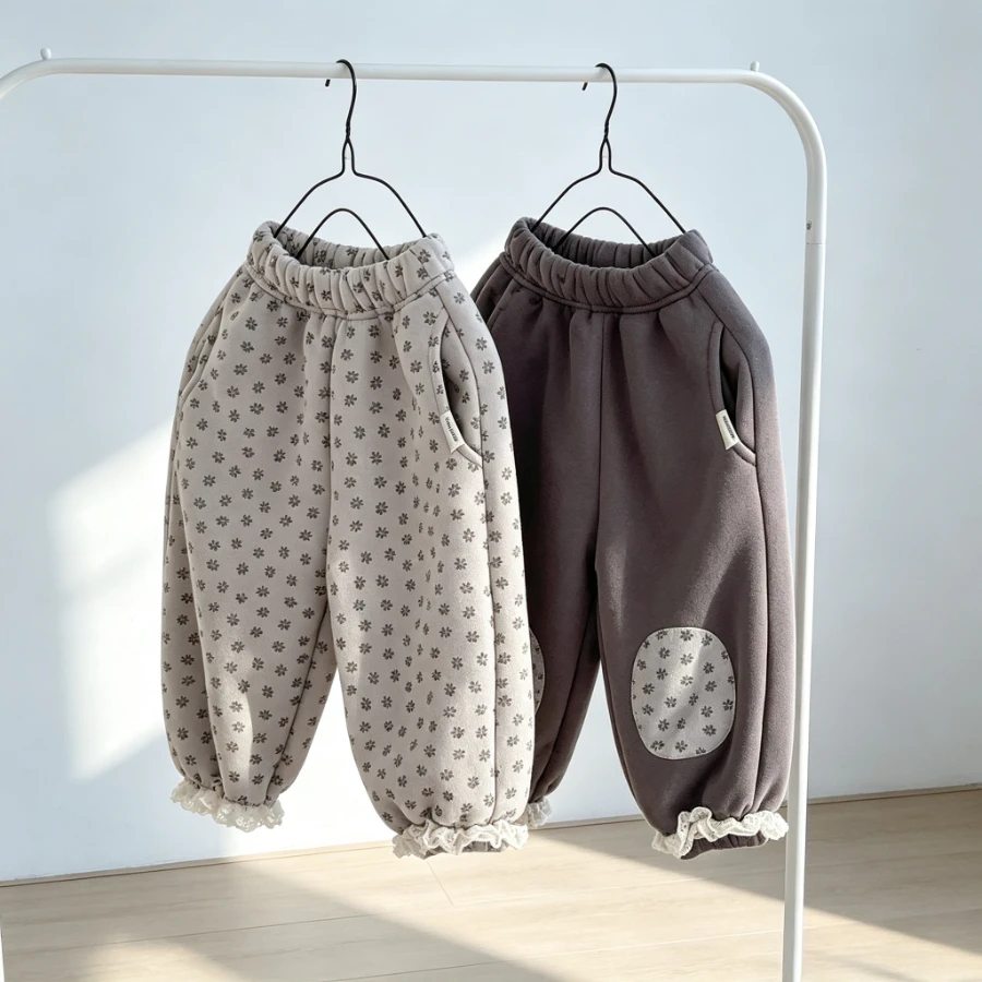 Kids Floral Print Patch Sweatpants Fleece Lined Elastic Waist Lace Cuff Loose Harem Pants Toddler Girls Casual Warm Trousers