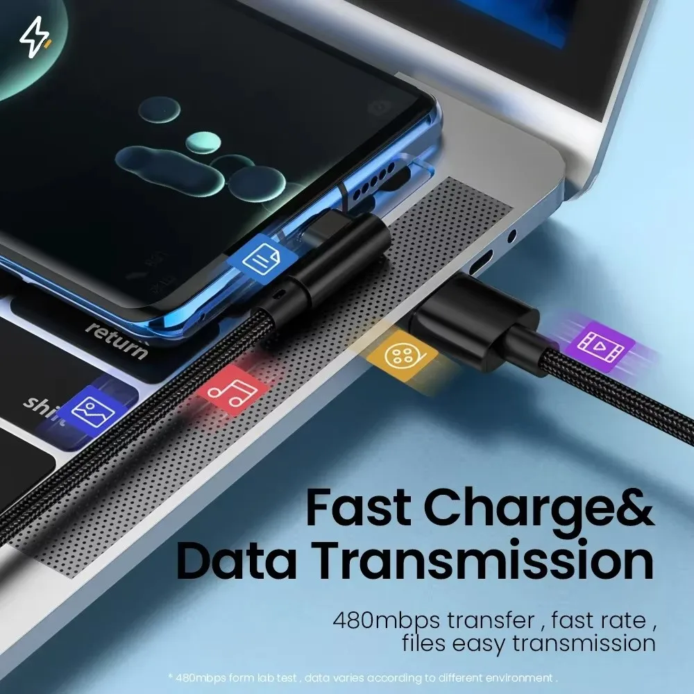 كابل شحن USB C 6A 66 وات 90 °   تصميم الكوع شحن سريع كابل من النوع C شحن سريع للأجهزة الذكية أسلاك البيانات عالية السرعة