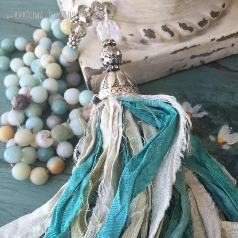 10Pcs Boho Glam Turquoises Sari Silk Tassel Necklace Women Boho Amazonite Statement Jewelry