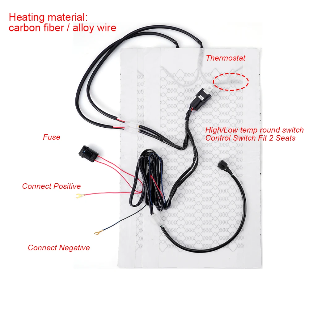 2pcs 12V Built-in Car Seat Heating Pad Seat Heater Carbon Fiber Temperature Adjustable Round Switch Controller 52.5*28cm