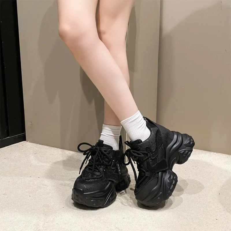9CM New 2024 Spring Women Chunky Sneakers Heels Lace-up High Platform Sports Shoes Woman Breathable Mesh Shoes Leather Sneakers