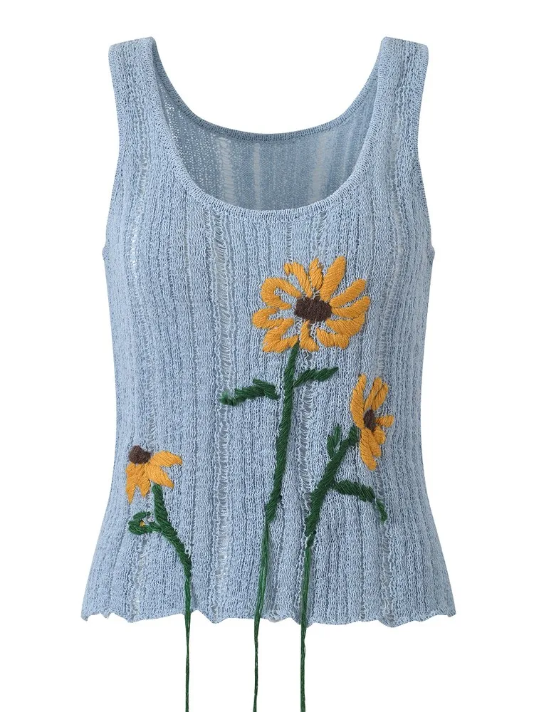 Summer Females Embroidered Flowers Knitted Hollow Out Vest Crochet Sleeveless Short Casual Top Strap Tank Thin O-Neck 2025 New