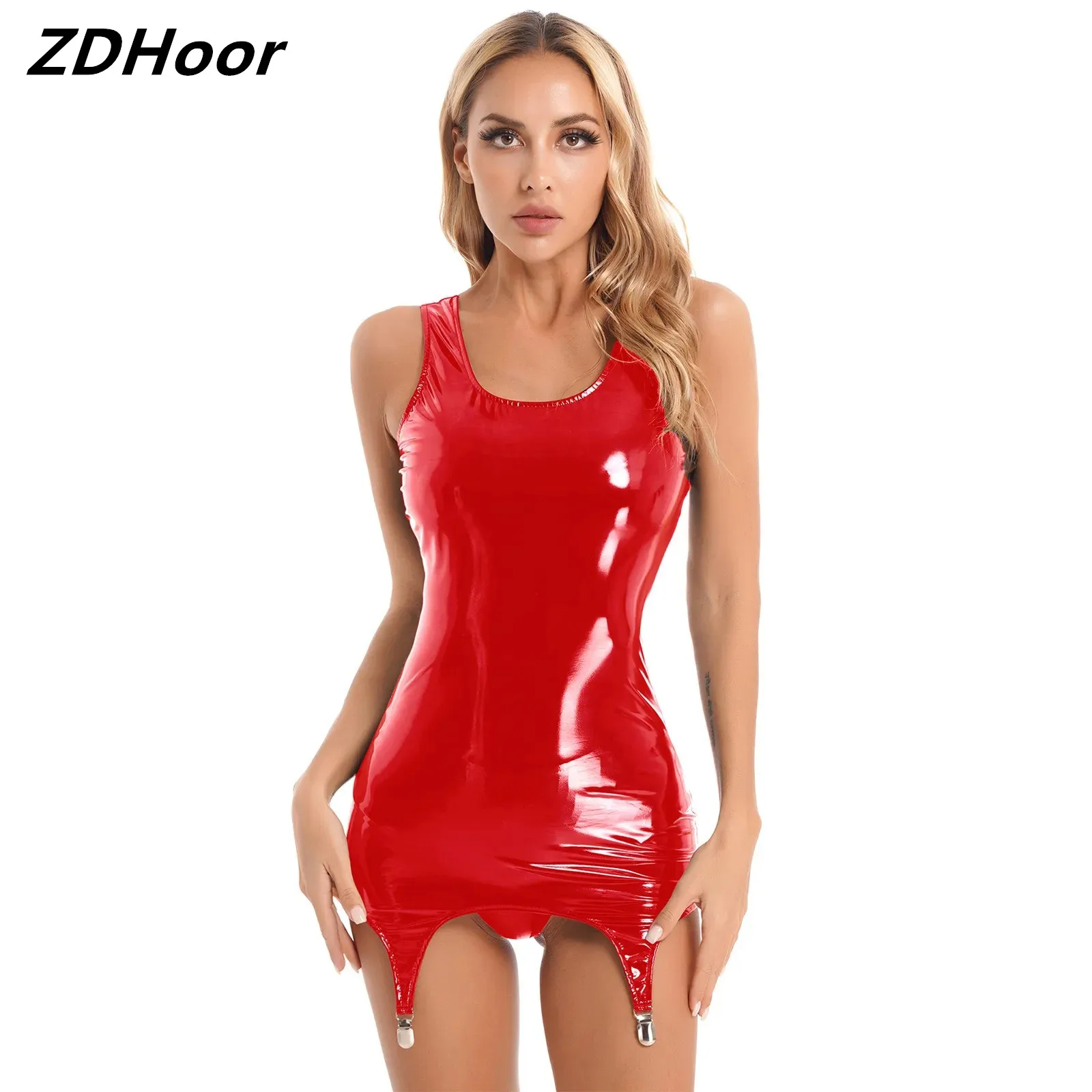 Womens Wet Look Patent Leather Tank Dress Clubwear Wide Shoulder Strap Sleeveless Bodycon Dresses with Metal Clips