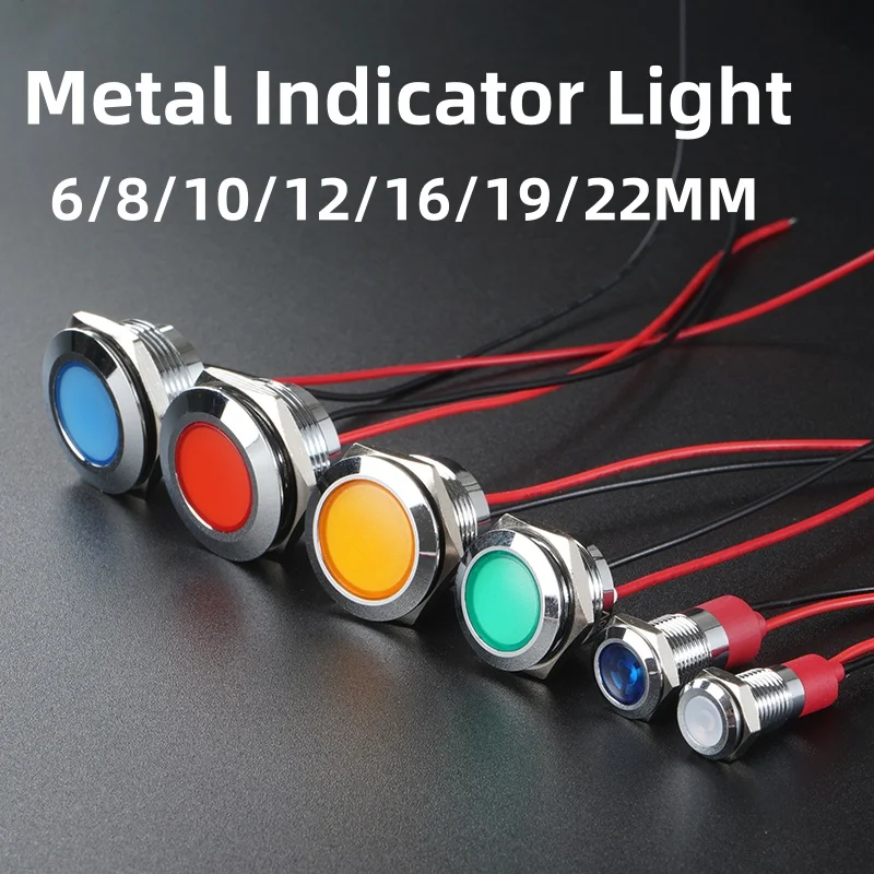 6/8/10/12/16/19/22MM LED Metal Indicator Light Waterproof Signal Light With Wire 3V 5V6V12V 24V 220V Red/Yellow/Blue/Green/White