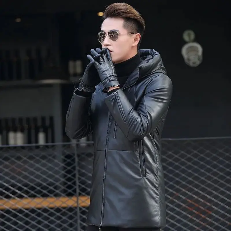 Winter Genuine Leather Hooded Down Jacket Men High Quality Thicken Puffer Jacket Men Luxury Duck Puffer Coat Sheepskin Coat Male