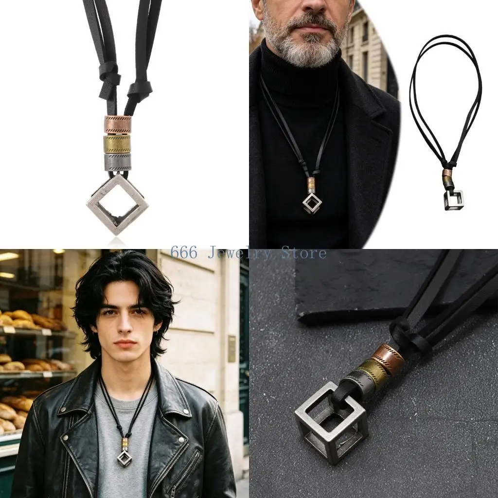 F2TD Casual Outfit Pendant Necklace with Adjustable Open Geometric Pendant, Black Cord Textured Look for Parties, Commutes and