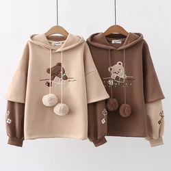 Japanese New Fleece-Lined Thickened Hooded Sweatshirt Cartoon Embroidery Drawing Bear Pullover Sweatshirt Academic Style Women's