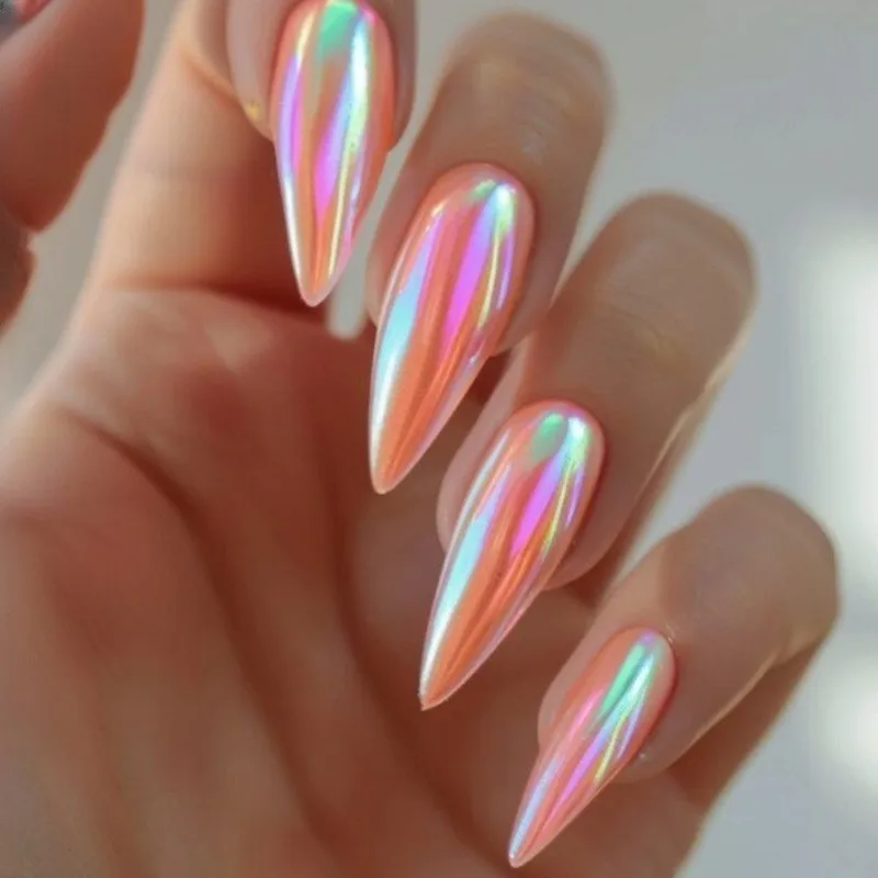 24 pzas Uñas postizas rojas brillantes con efecto ojo de gato, cobertura completa, color nude, forma de almendra, con adornos removibles 5