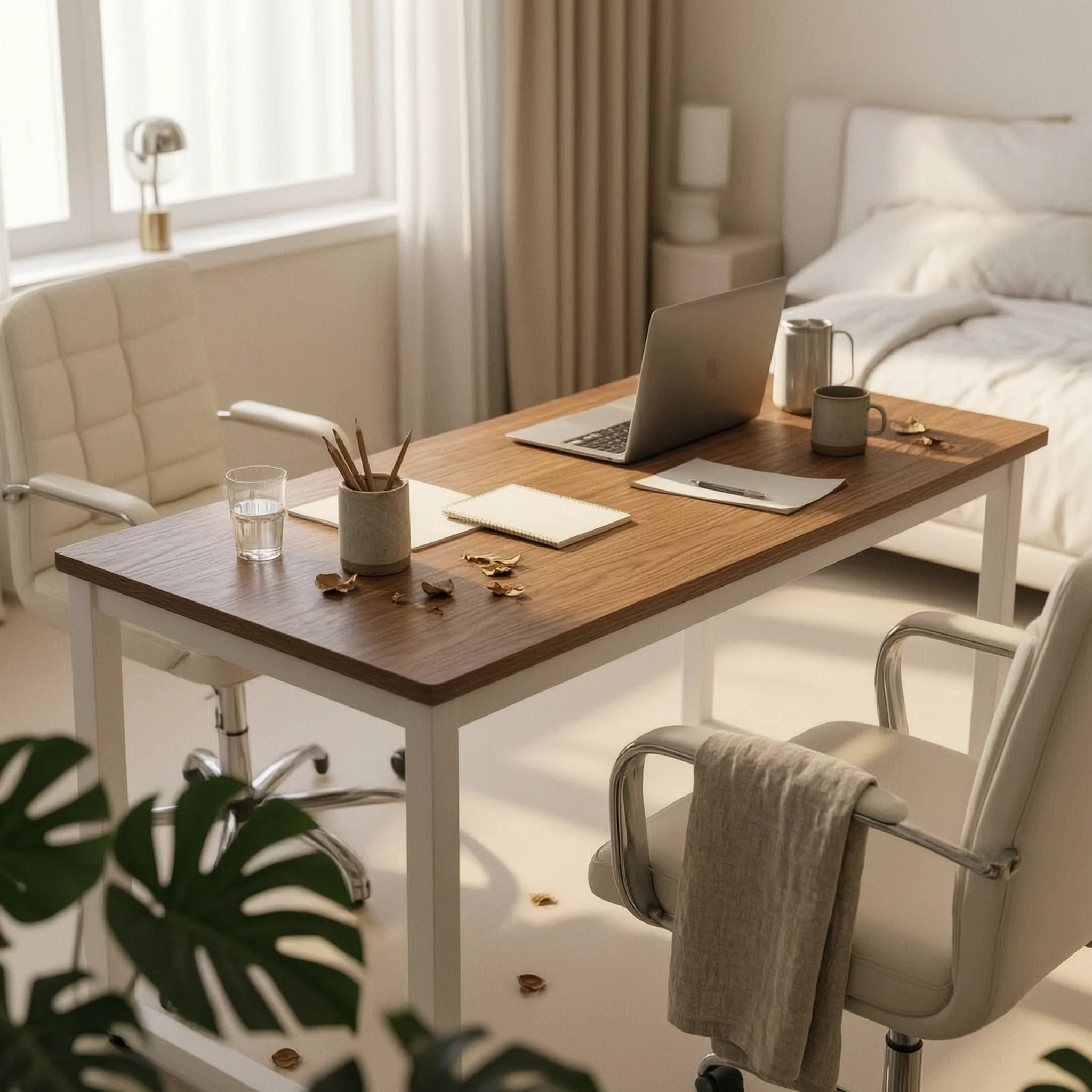 Home Office Desk White Frame Computer Desk Thick Legs Modern for Study, Bedroom