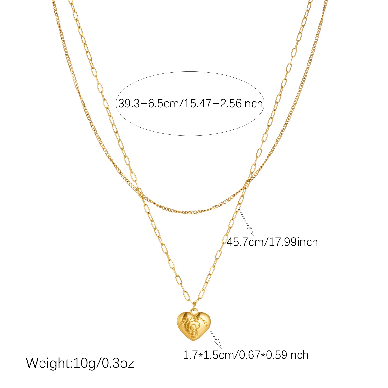 MEYRROYU 316L Stainless Steel Golden Heart Pendant Double-layer Necklace Lady Classic Waterproof GRANDMOTHER's Neck Chain Gift