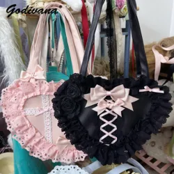 Lolita-bolso de hombro hecho a mano con encaje de corazón de amor y flores, bolso de mano con lazo para estudiantes