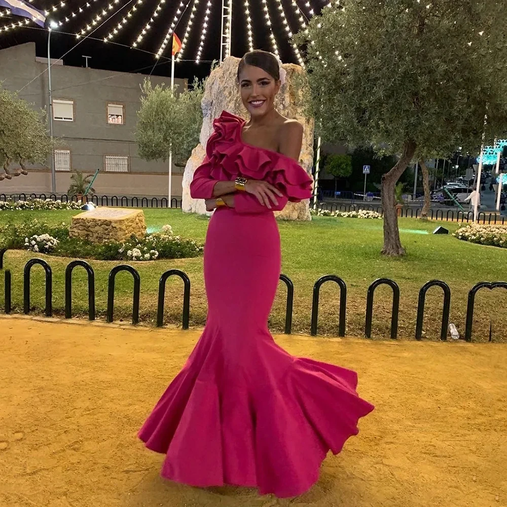 

Romantic Hot Pink Satin Mermaid Evening Dresses One Shoulder Long Sleeves Formal Prom Gowns Women Party Dress vestidos de noche