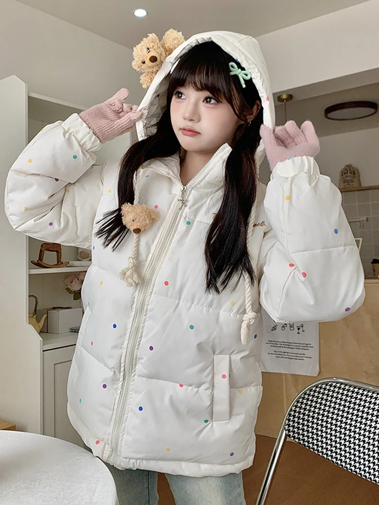 

Антивозрастное хлопковое пальто с принтом в горошек, женское повседневное зимнее пальто свободного покроя, милое пальто из полиэстера для колледжа