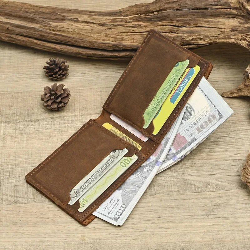 Mens Vintage Crazy Horse Leather Wallet Full Grain Bifold Bill Organizer Genuine Cowhide Dollar Pocket RFID Compact