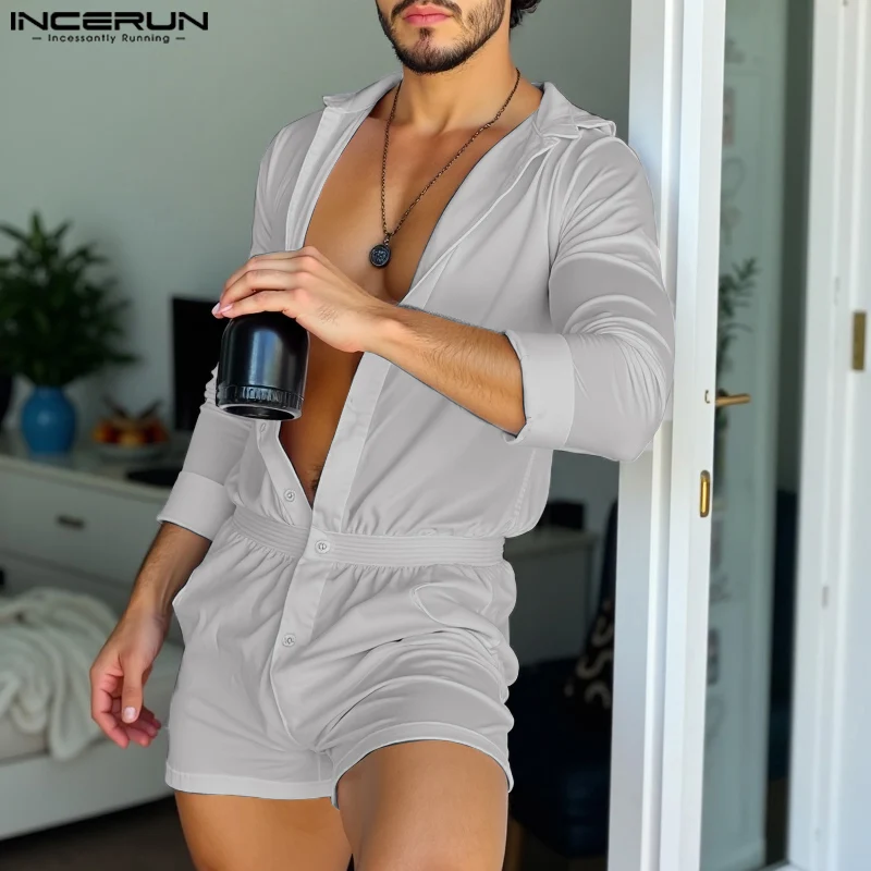 INCERUN 2024 American Style New Men Homewear Fashion Jumpsuit Ruffled Edge Design Bodysuits Male Solid Sexy Long Sleeved Rompers