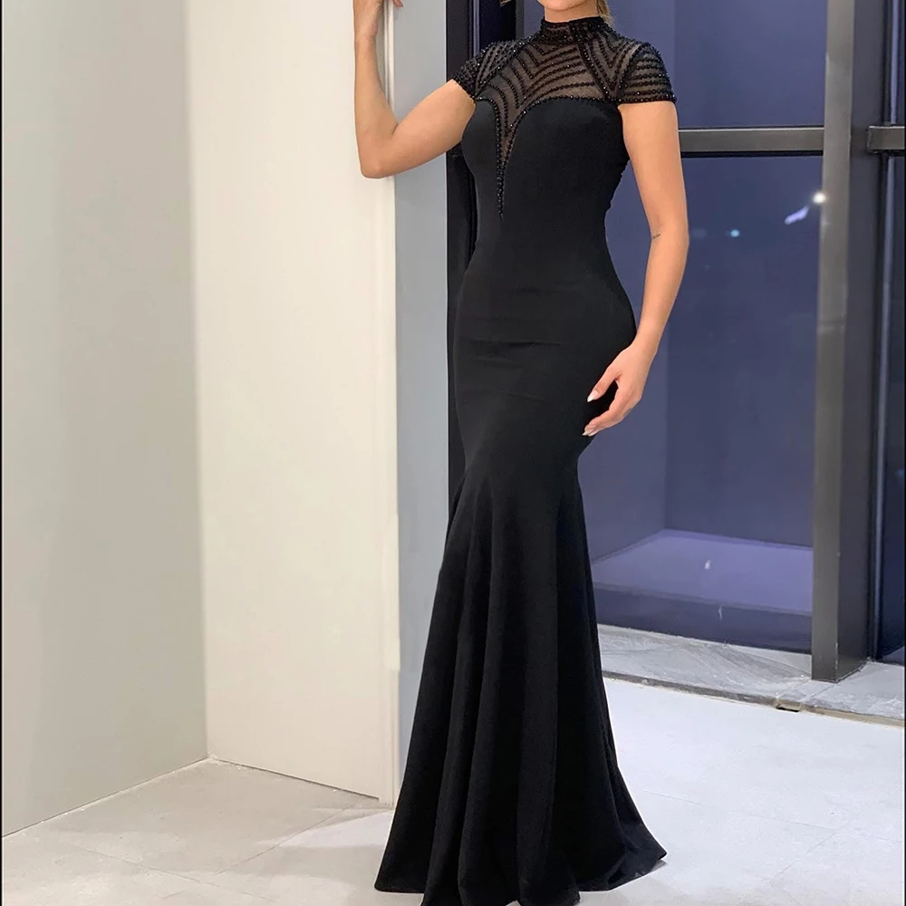 

Customized A-line Evening Dresses Floor-length High-neck Sleeveless Prom Gown Fashion Beading Simple Draped Casual Party Gown