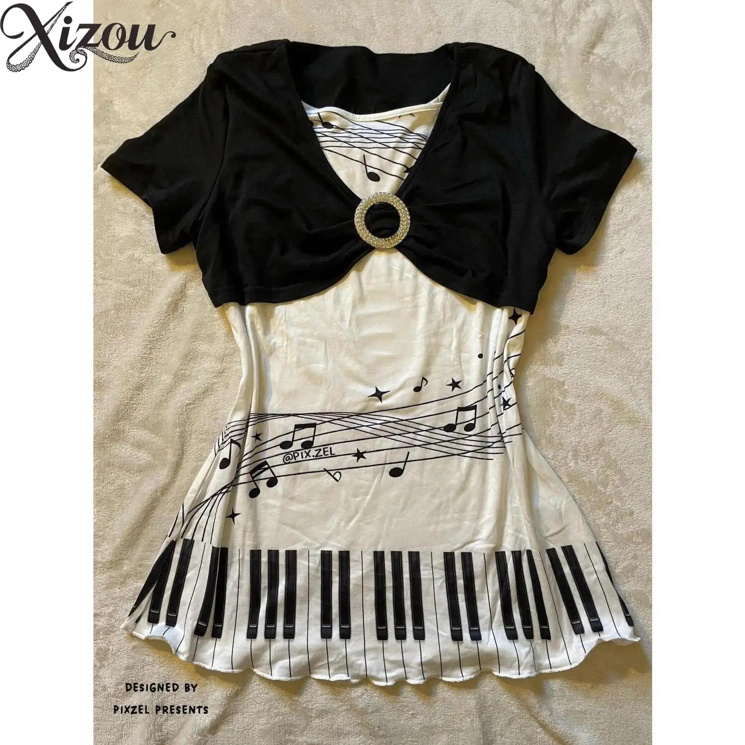 Women Fake Two Piece Piano Key Music Note Print Short Sleeve T-Shirt Ring V-Neck Y2K Vintage Punk Kawaii Sweet Casual Summer Top