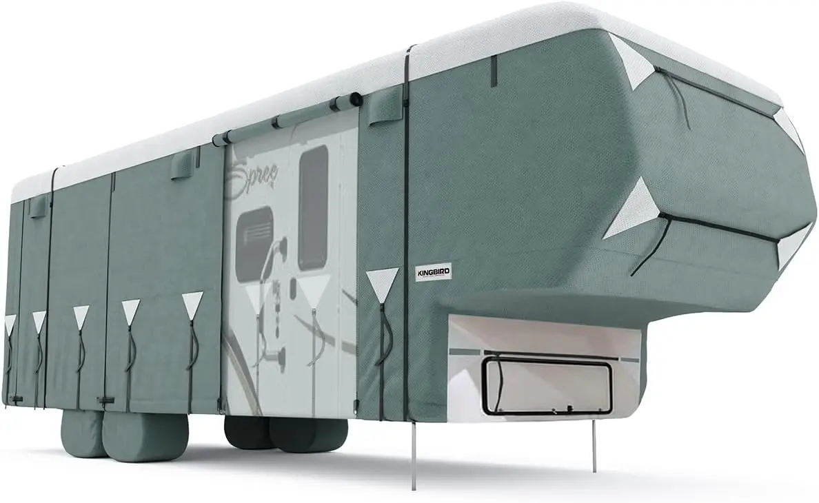 

KING BIRD Upgraded 5th Wheel RV Cover, Extra-Thick 5 Layers Anti-UV Top Panel, Durable Camper Cover, Fits 33'-37' Motorhome