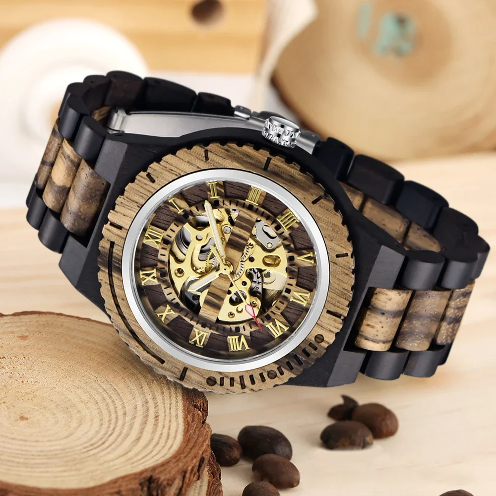 Wooden Hollow Automatic Hand Wind Mechanical Men's Watch Fashion Wooden Folding Buckle Strap Business Leisure Men's Watch Gift