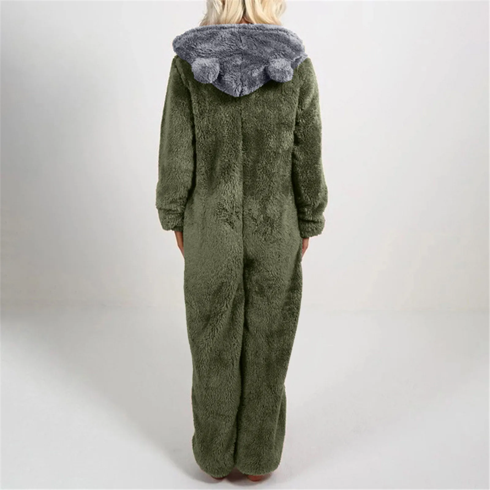 Large Size Women's One-Piece Pajamas Casual Solid Color Zipper Loose Hooded Jumpsuit Winter Warm Comfortable Home Wear