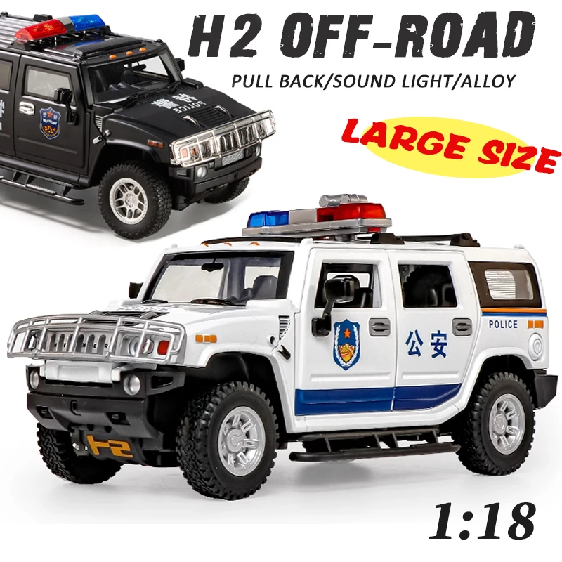 

1/24 HM H2 Police Off-road vehicle Alloy Simulation Diecast Metal SUV Model car Sound Light Pull Back Collection Kids Toy Gifts