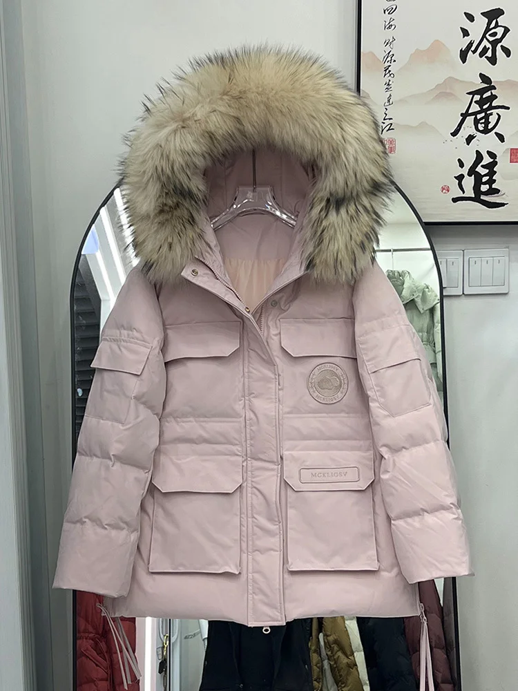 Raccoon Fur Collor Down Jacketสําหรับผู้หญิงสไตล์สั้นThickenขนาดใหญ่ขนสัตว์สีชมพูWorkwear Coat 2025 เสื้อแจ็คเก็ตใหม่