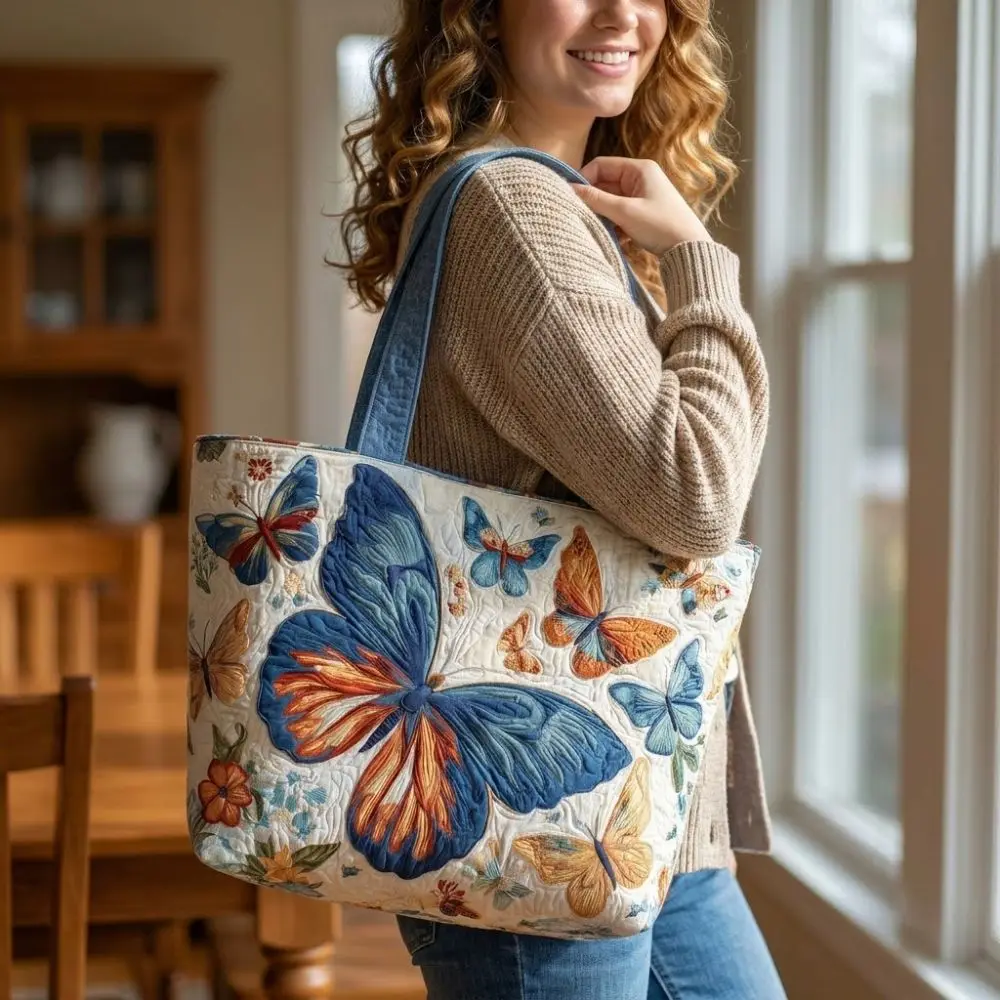 Butterfly Patterns Women Quilted Tote Bag 3D Printed Patterns Vintage Travel Handbag Cotton Large Capacity Shopping Bag