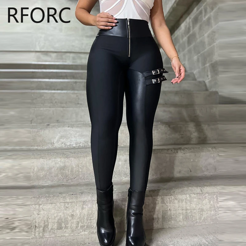 2023 frauen Chic Pu Leder Patchwork Hohe Taille Zipper Bandage Dünne Schwarze Bleistift Hosen