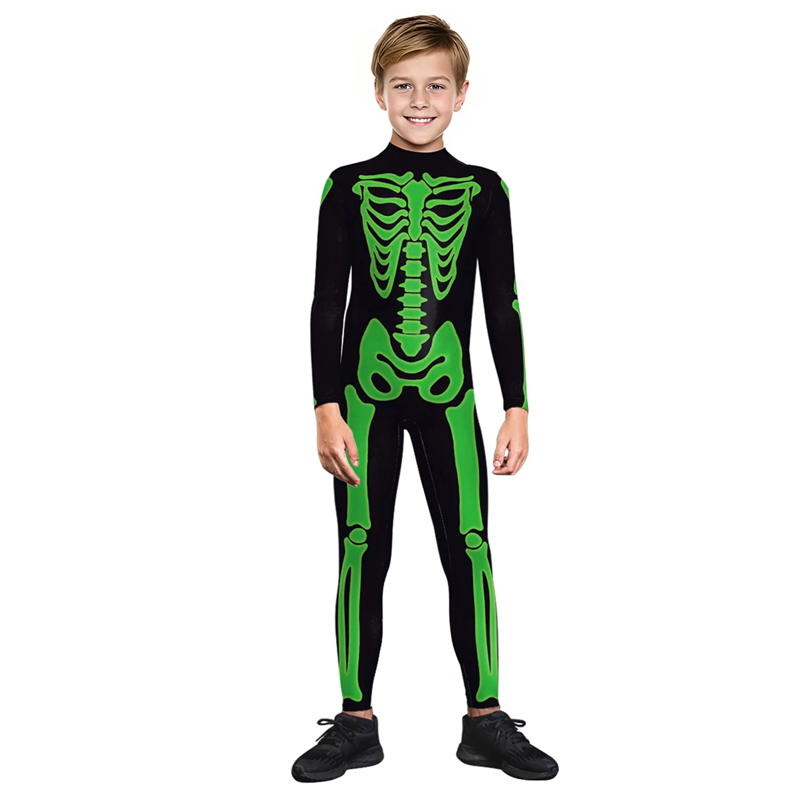 

Girls Boys Glow in The Dark Skeleton Bodysuit Full Body Print And Invisible Back Zipper Rompers Jumpsuit for Halloween Parties