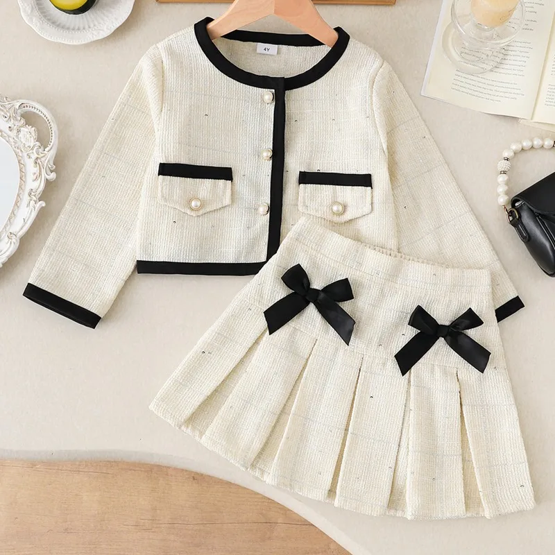

2-Piece Set Kids Girls Clothes Fall Tweed Bow-Knot Classic Style Crop Jacket + Pleated Skirt Suit, Kids Elegant Party Outfits