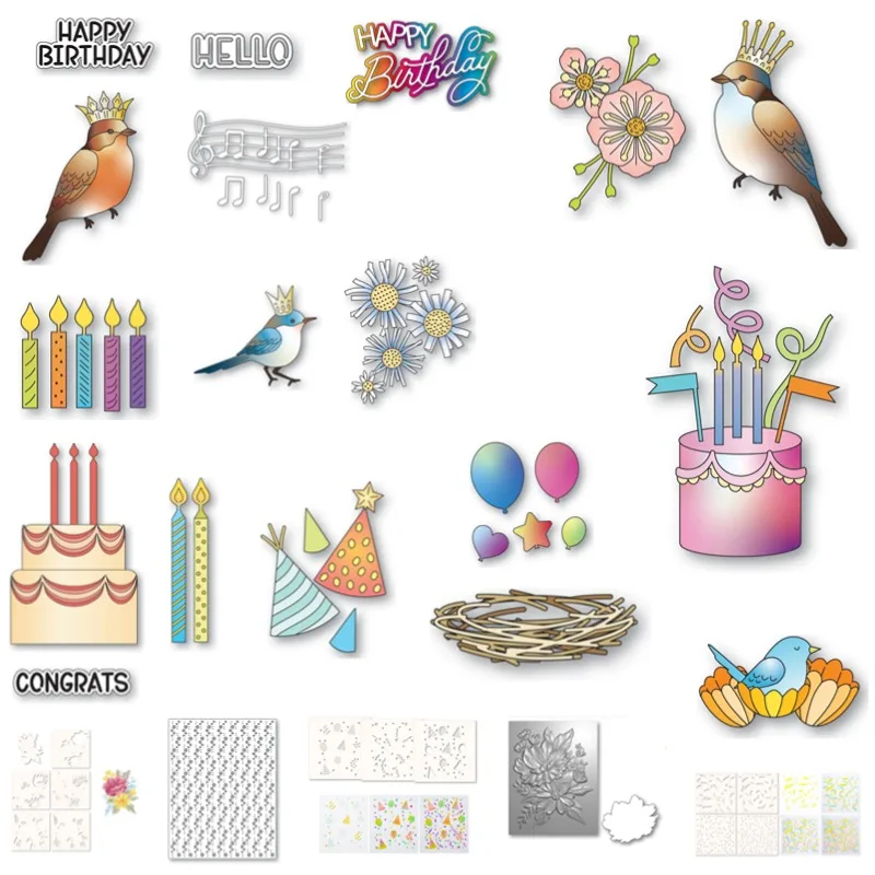 Bird Prince Cake Happy Birthday Nest Blue Balloons Metal Cutting Dies Silicone Stamps Scrapbooking Stencil Photo Album Card DIY