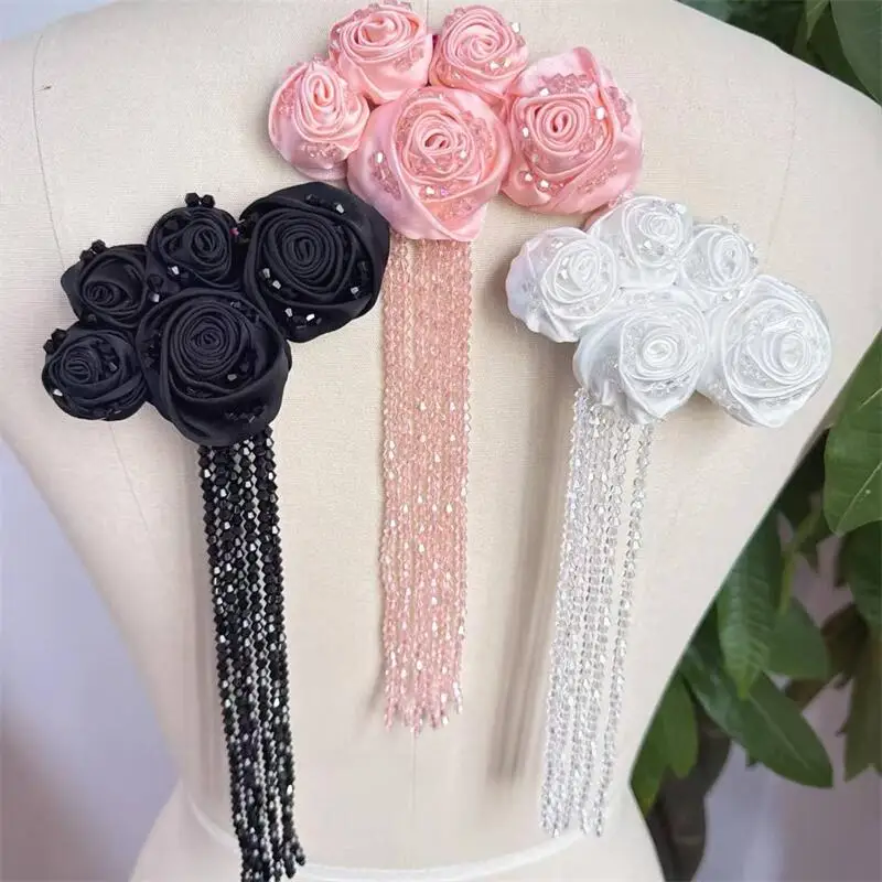 Handmade Bead Applique Organza Crystal 3D Rose Flowers, Flash Crystal Tassel Chest Flower Shoulder Patch High Quality