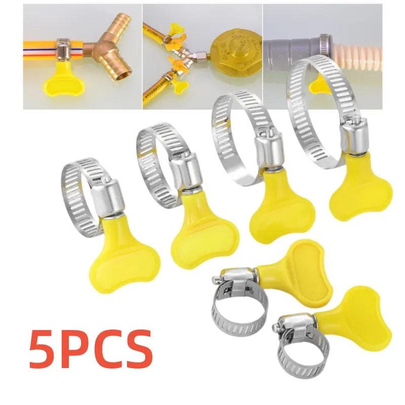 

5 pcs 8-44mm Adjustable Yellow Plastic Handle Hand Twist Hose Clamps Worm Driving Stainless steel Pipe Clips For Tube